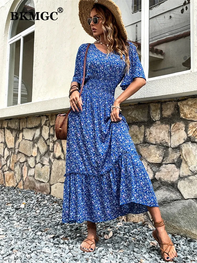 BKMGC Loose Short Sleeve Mid Waist V-neck A-line Maxi Dress