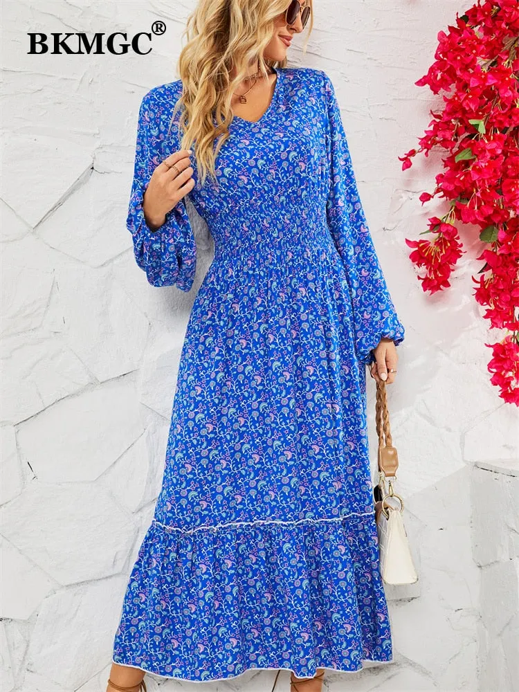 BKMGC Loose Short Sleeve Mid Waist V-neck A-line Maxi Dress