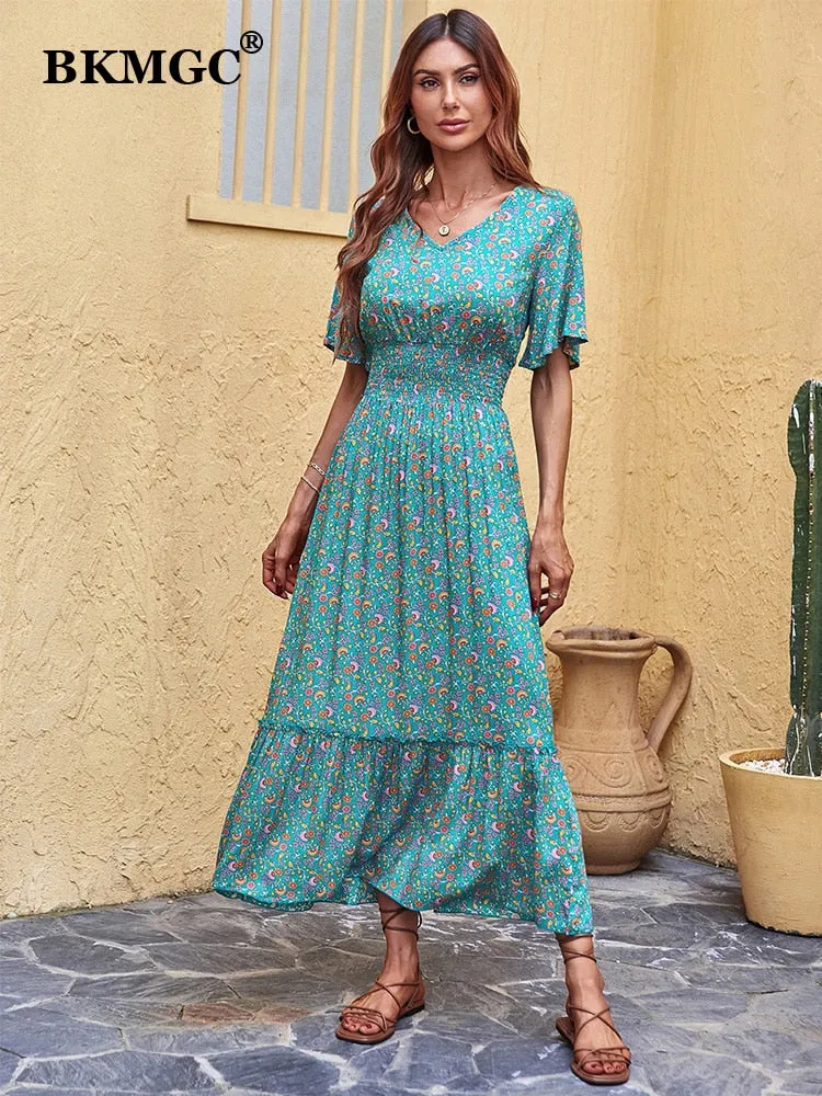 BKMGC Loose Short Sleeve Mid Waist V-neck A-line Maxi Dress