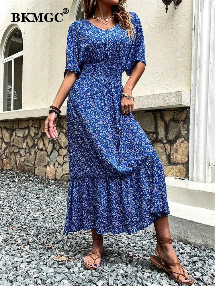 BKMGC Loose Short Sleeve Mid Waist V-neck A-line Maxi Dress