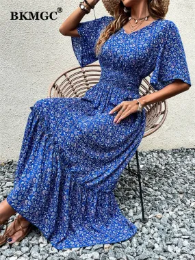BKMGC Loose Short Sleeve Mid Waist V-neck A-line Maxi Dress