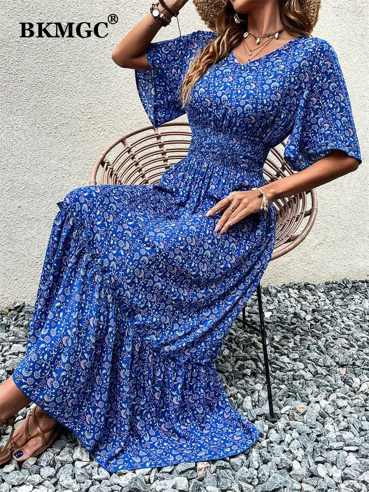 BKMGC Loose Short Sleeve Mid Waist V-neck A-line Maxi Dress