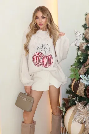 Cherry christmas cream embroidered knitted jumper
