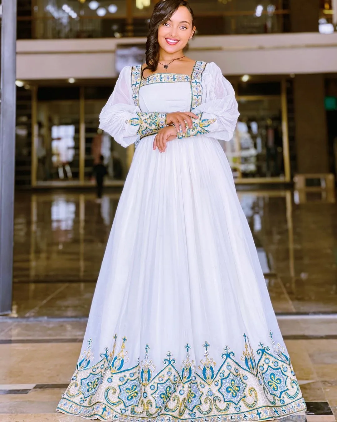 Elegant Modern Light Blue Habesha Kemis A Fresh Twist on Ethiopian Traditional Dress