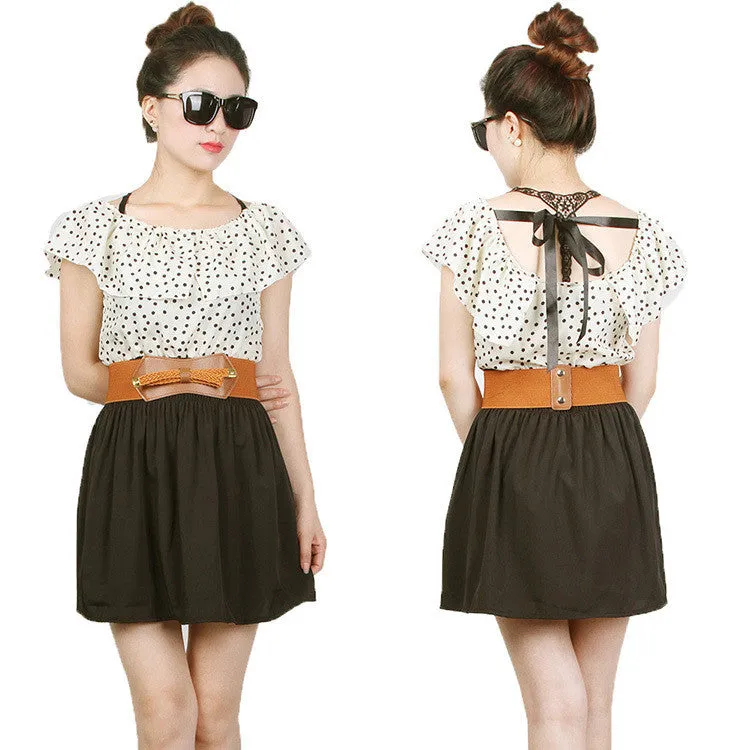 Fashion Womens Summer Casual Crew Neck Short Sleeve Backless Polka Dot Pattern Chiffon Mini Dress With Belt