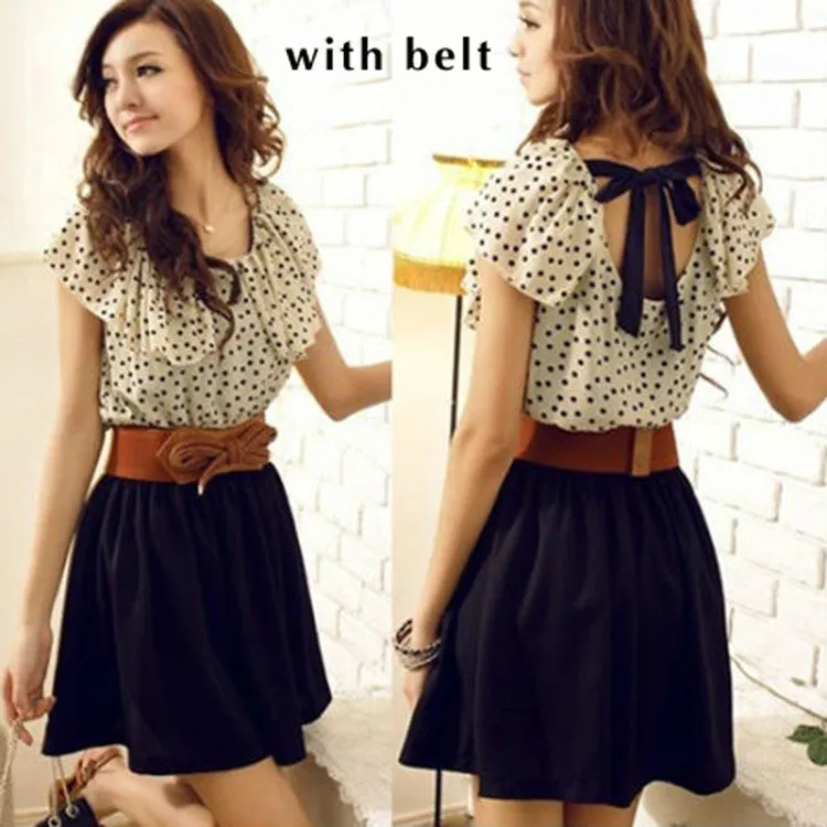 Fashion Womens Summer Casual Crew Neck Short Sleeve Backless Polka Dot Pattern Chiffon Mini Dress With Belt