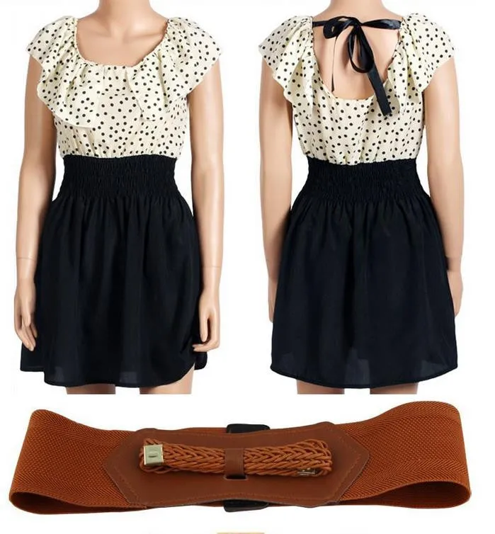 Fashion Womens Summer Casual Crew Neck Short Sleeve Backless Polka Dot Pattern Chiffon Mini Dress With Belt