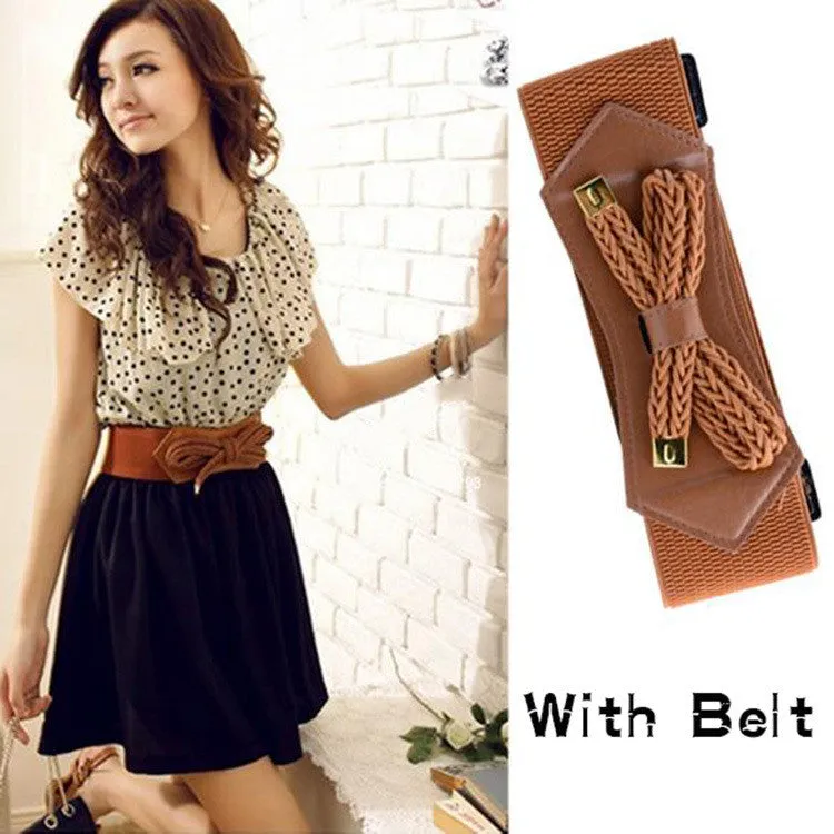 Fashion Womens Summer Casual Crew Neck Short Sleeve Backless Polka Dot Pattern Chiffon Mini Dress With Belt