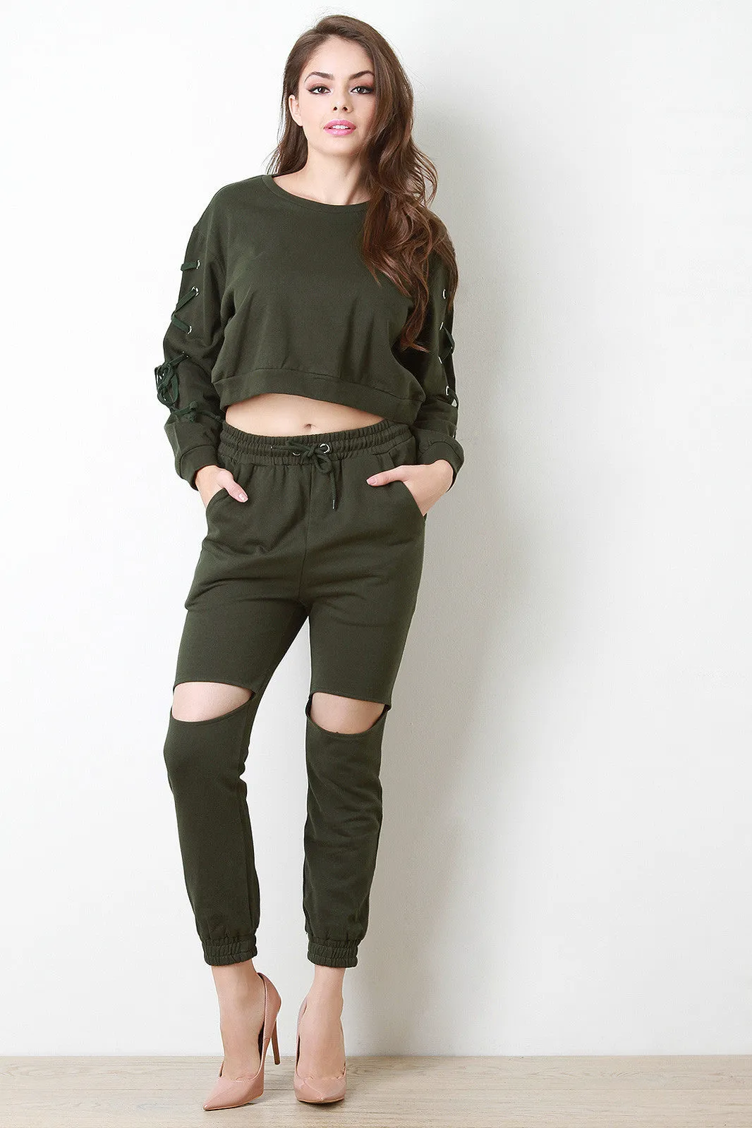 French Terry Cut Out Drawstring Jogger Pants