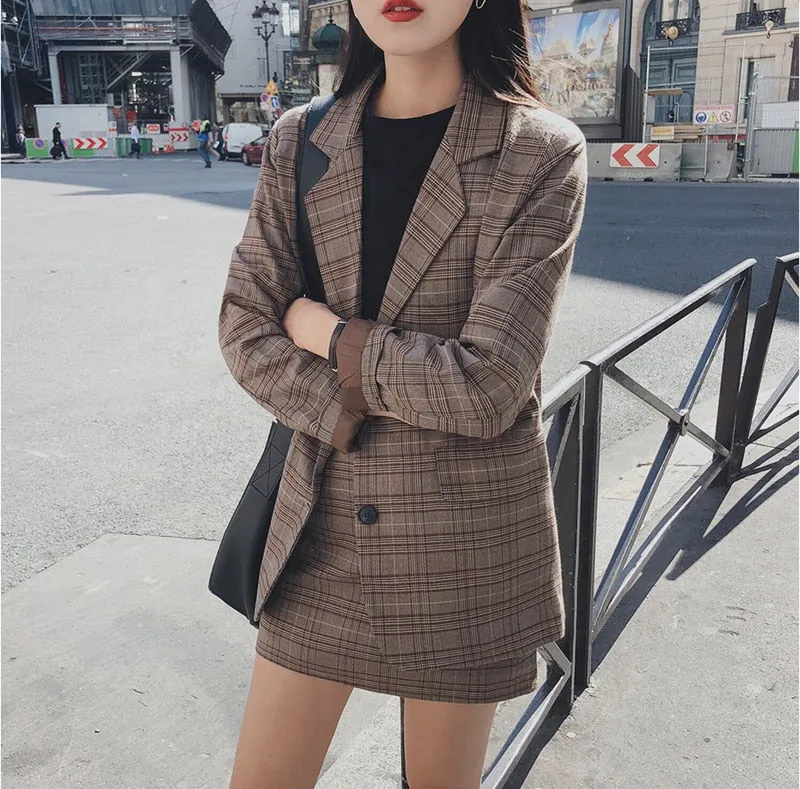 Harajuku Ulzzang Korean Style Two Piece Brown Mini Skirt Suit