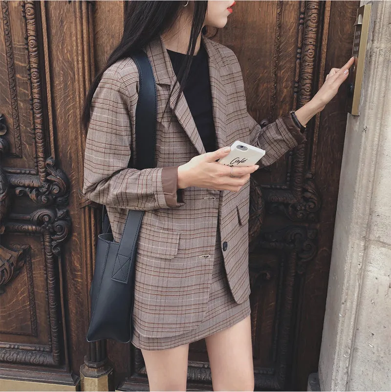 Harajuku Ulzzang Korean Style Two Piece Brown Mini Skirt Suit