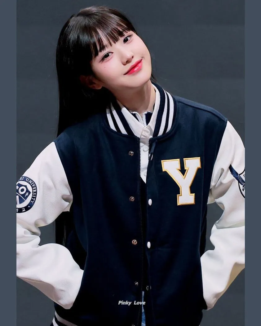 IVE Wonyoung Yonsei University Navy Varsity Jacket with Embroidered Patches