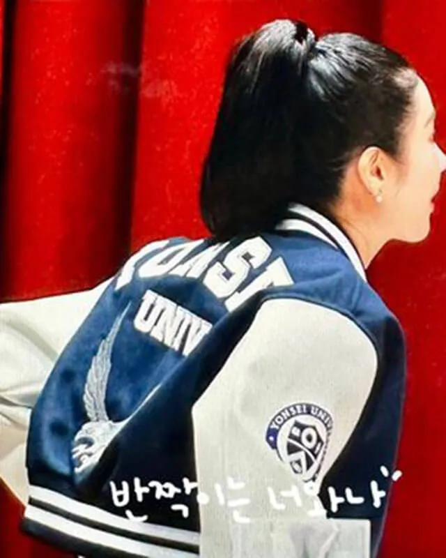 IVE Wonyoung Yonsei University Navy Varsity Jacket with Embroidered Patches