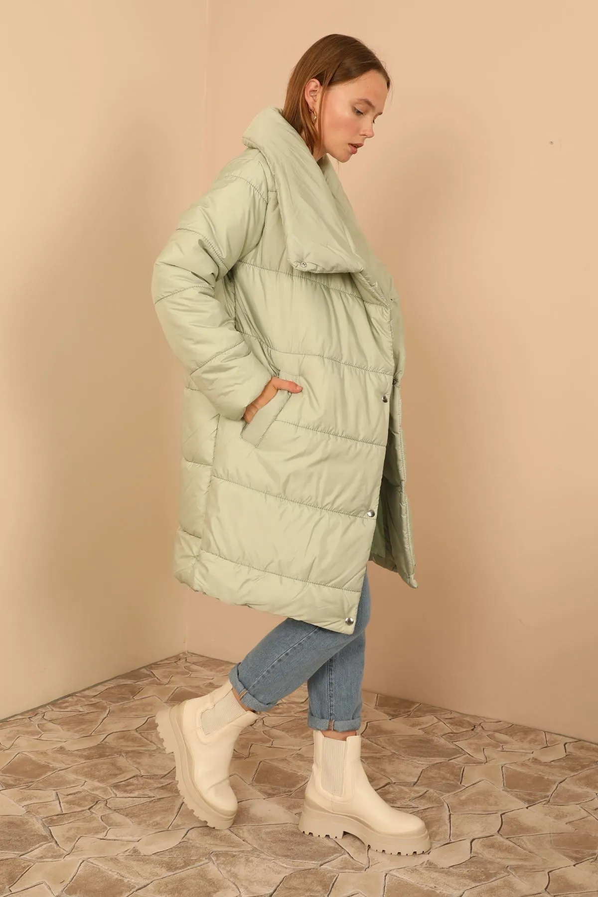 KKT Quilted Fabric Long Sleeve Shawl Collar Long Wide Fastened Women Coat-Mint - Fuenlabrada