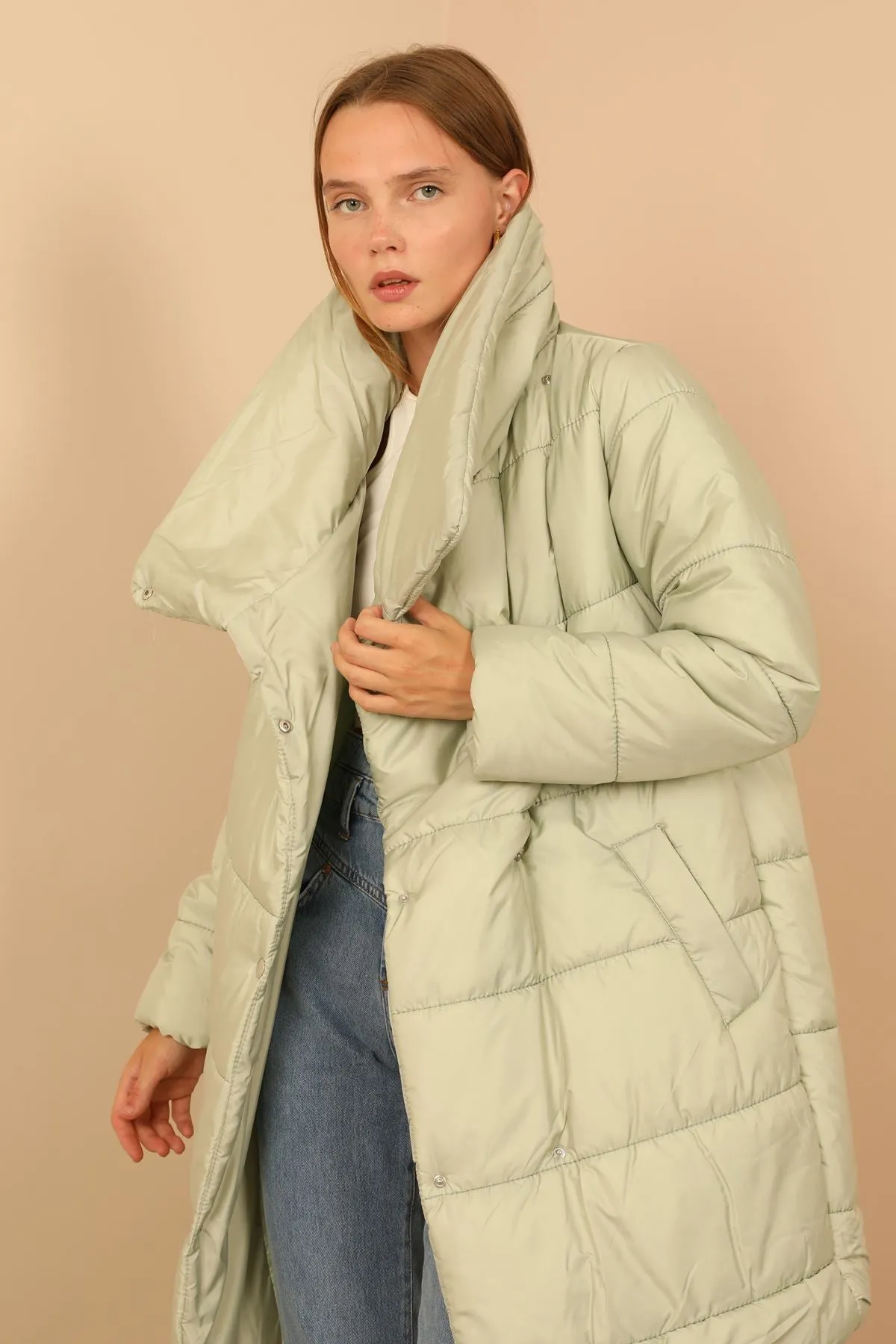 KKT Quilted Fabric Long Sleeve Shawl Collar Long Wide Fastened Women Coat-Mint - Fuenlabrada