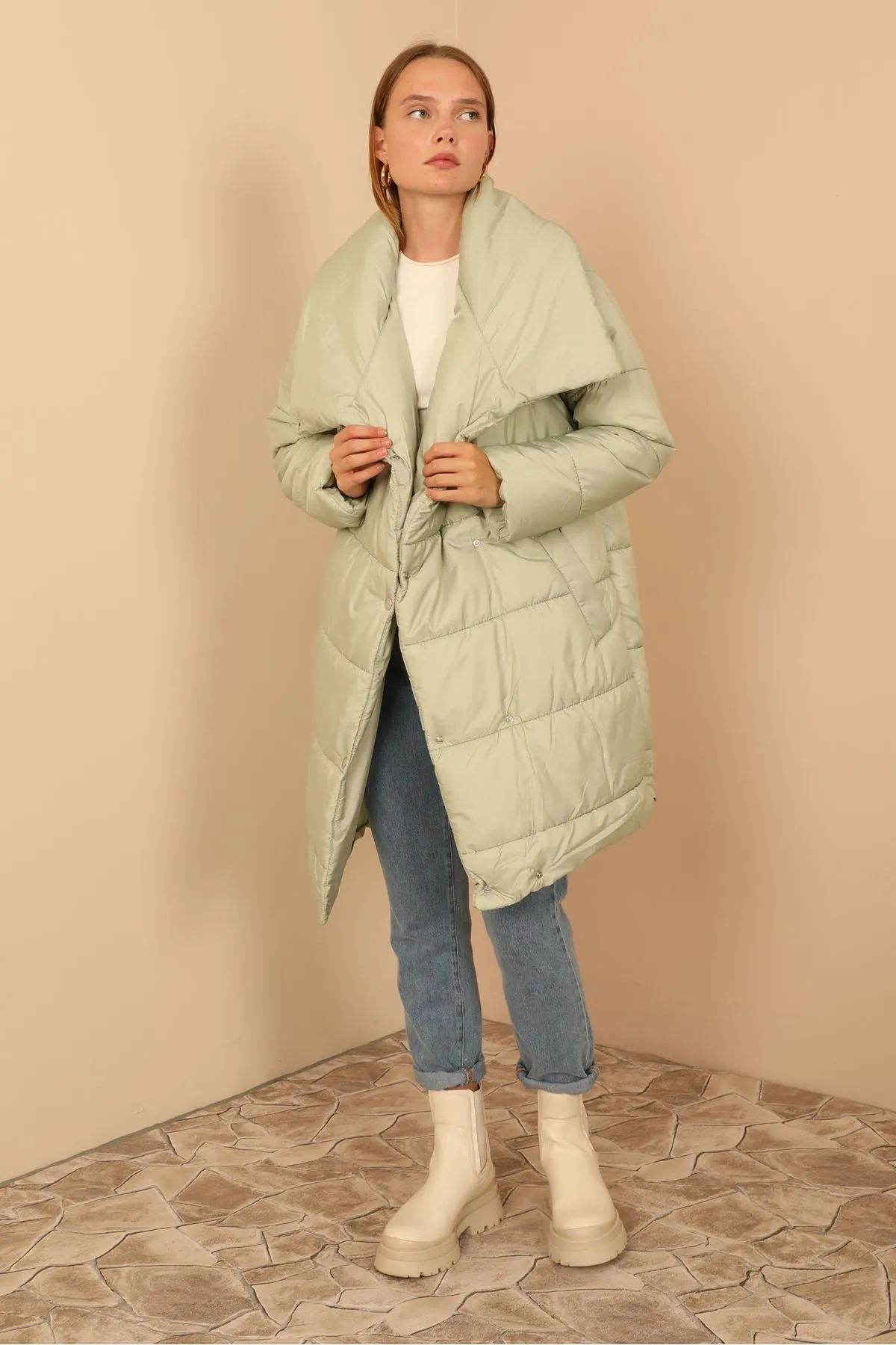 KKT Quilted Fabric Long Sleeve Shawl Collar Long Wide Fastened Women Coat-Mint - Fuenlabrada