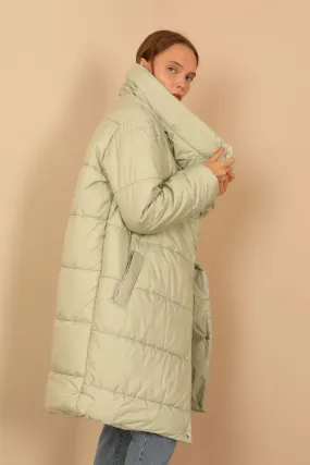 KKT Quilted Fabric Long Sleeve Shawl Collar Long Wide Fastened Women Coat-Mint - Fuenlabrada