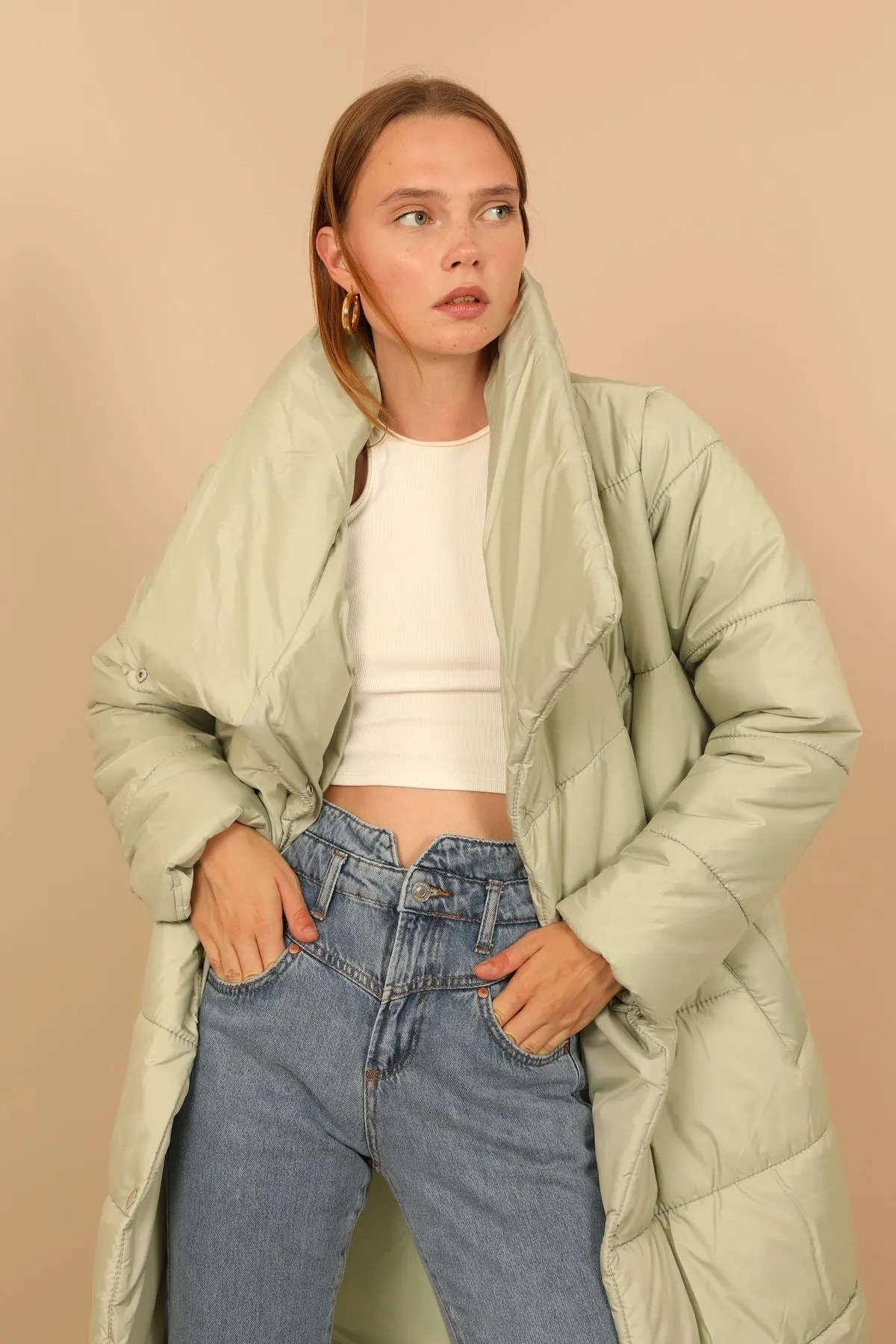 KKT Quilted Fabric Long Sleeve Shawl Collar Long Wide Fastened Women Coat-Mint - Fuenlabrada