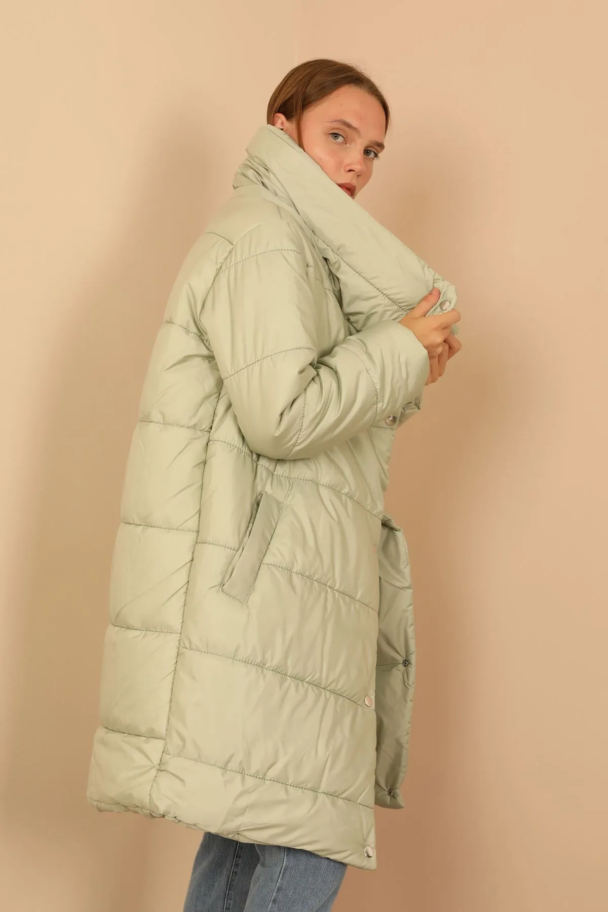KKT Quilted Fabric Long Sleeve Shawl Collar Long Wide Fastened Women Coat-Mint - Fuenlabrada
