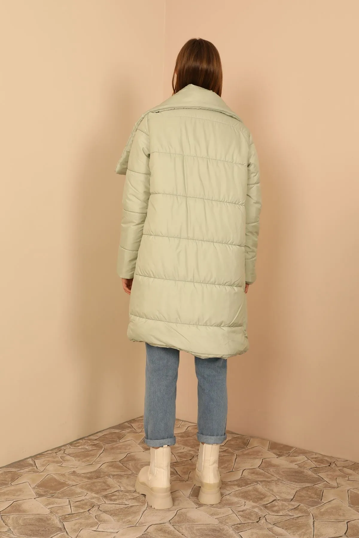 KKT Quilted Fabric Long Sleeve Shawl Collar Long Wide Fastened Women Coat-Mint - Fuenlabrada
