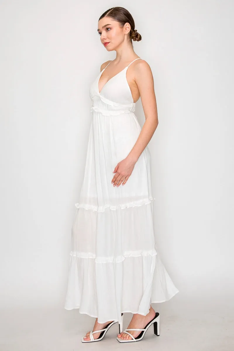 melania maxi dress with teared skirt and back crisscross straps -pink-white