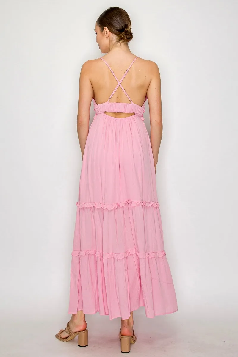 melania maxi dress with teared skirt and back crisscross straps -pink-white