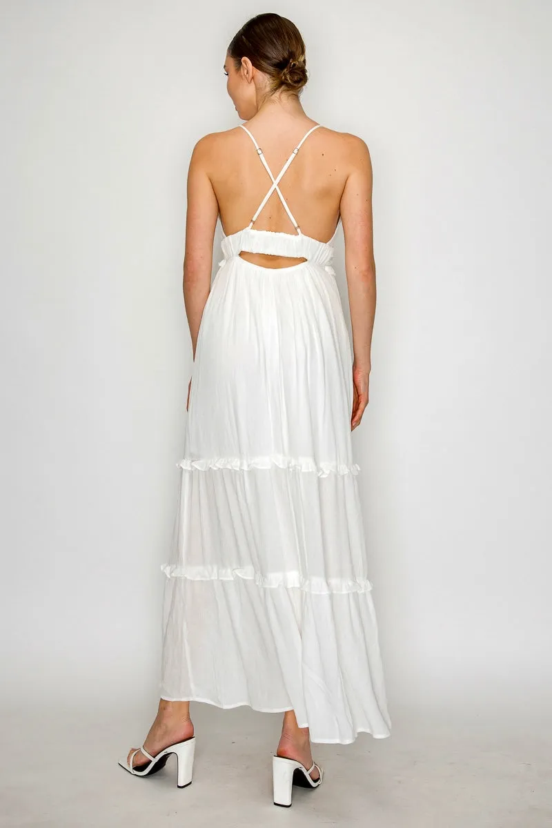 melania maxi dress with teared skirt and back crisscross straps -pink-white