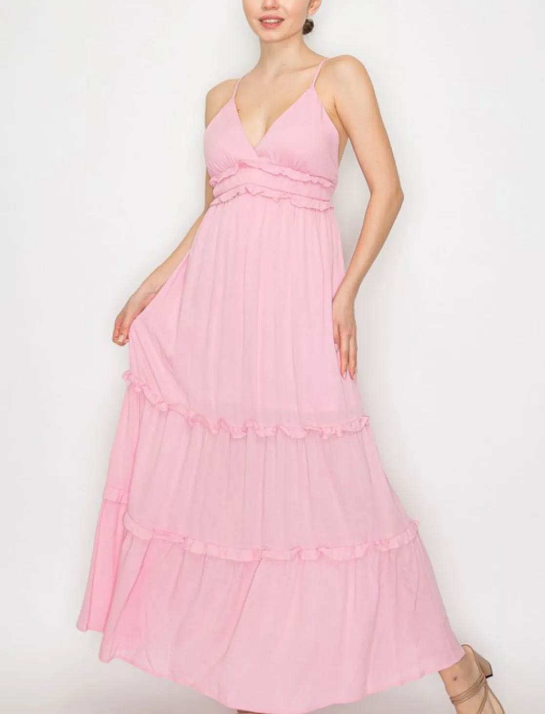 melania maxi dress with teared skirt and back crisscross straps -pink-white
