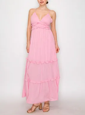 melania maxi dress with teared skirt and back crisscross straps -pink-white