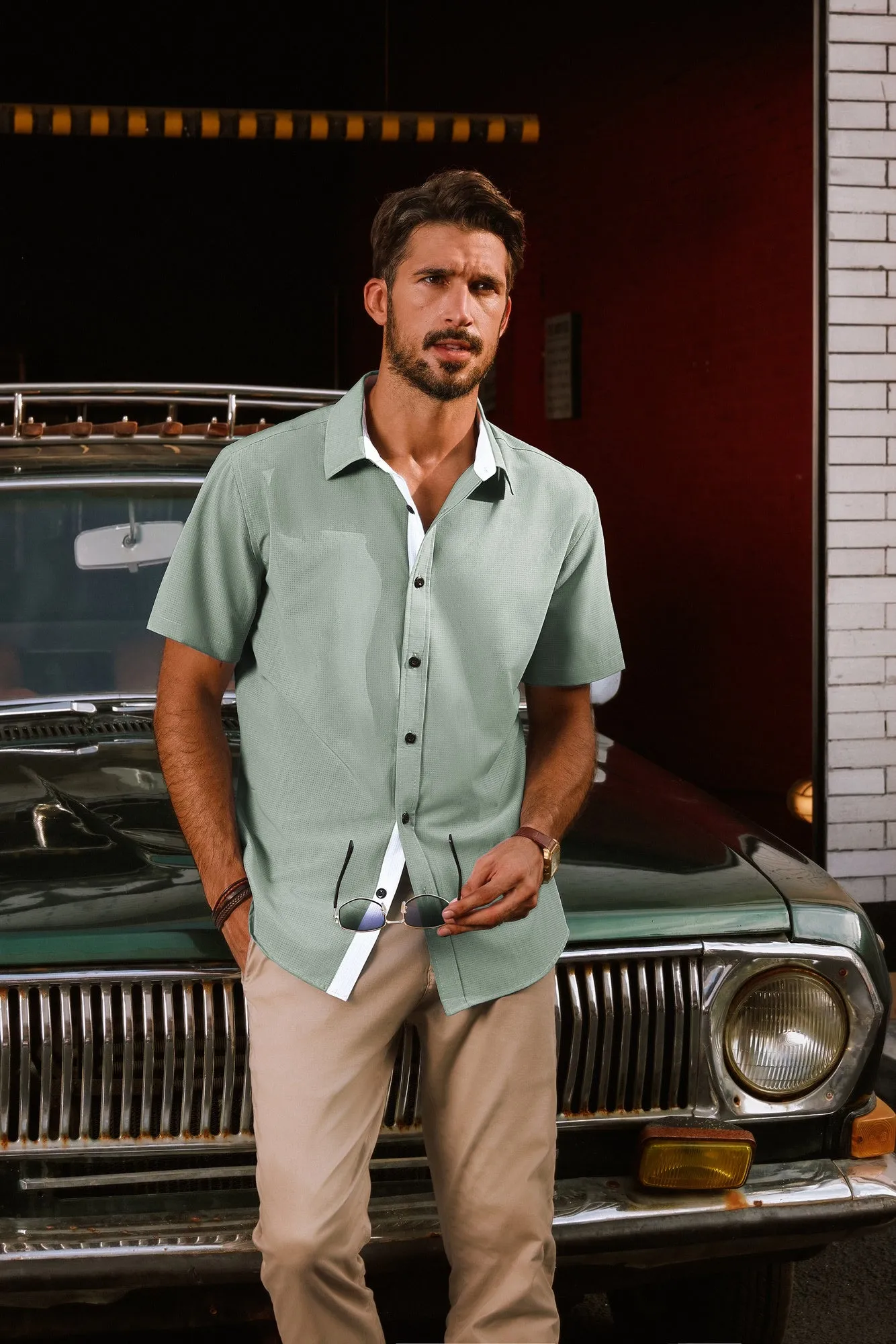 Men Basic Shirt Casual Short Sleeve Classic Collar Curved Hem Shirt Tops