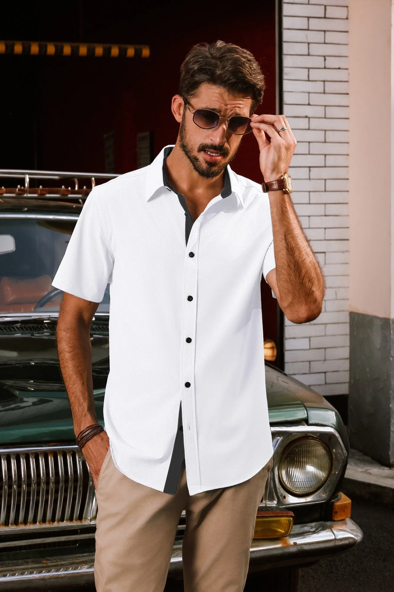 Men Basic Shirt Casual Short Sleeve Classic Collar Curved Hem Shirt Tops