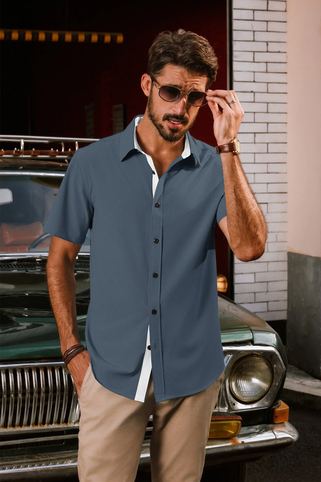 Men Basic Shirt Casual Short Sleeve Classic Collar Curved Hem Shirt Tops