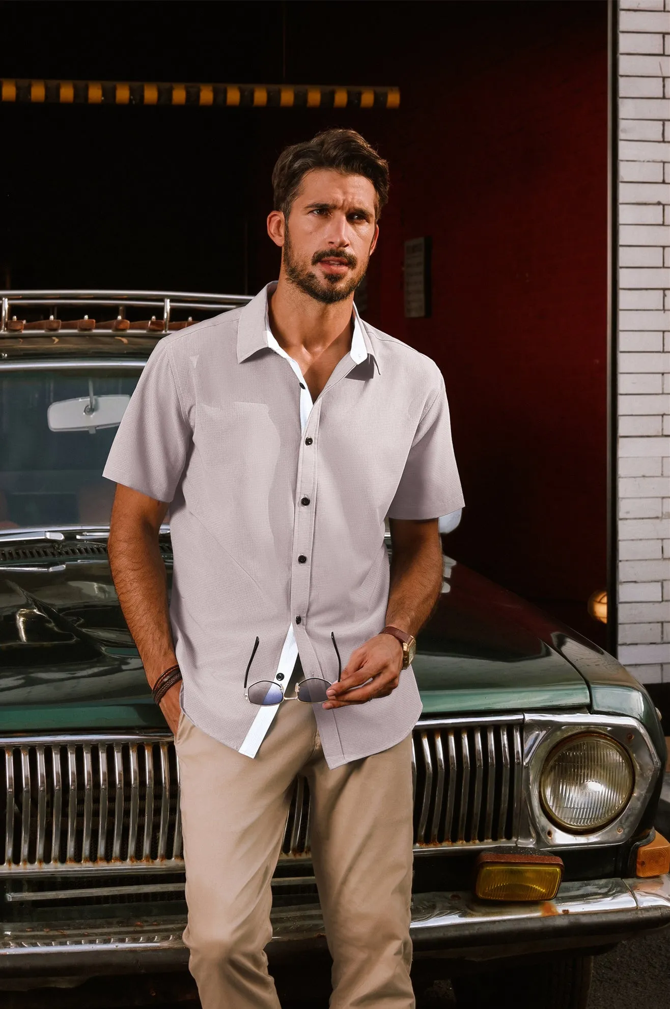 Men Basic Shirt Casual Short Sleeve Classic Collar Curved Hem Shirt Tops
