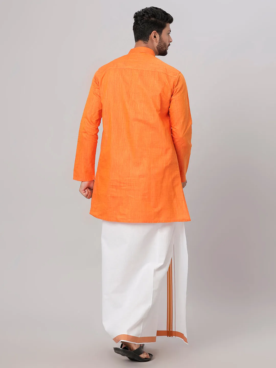 Mens Cotton Orange Medium Length Matching Kurta with Dhoti Combo FS3