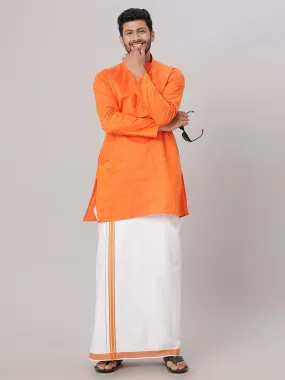 Mens Cotton Orange Medium Length Matching Kurta with Dhoti Combo FS3