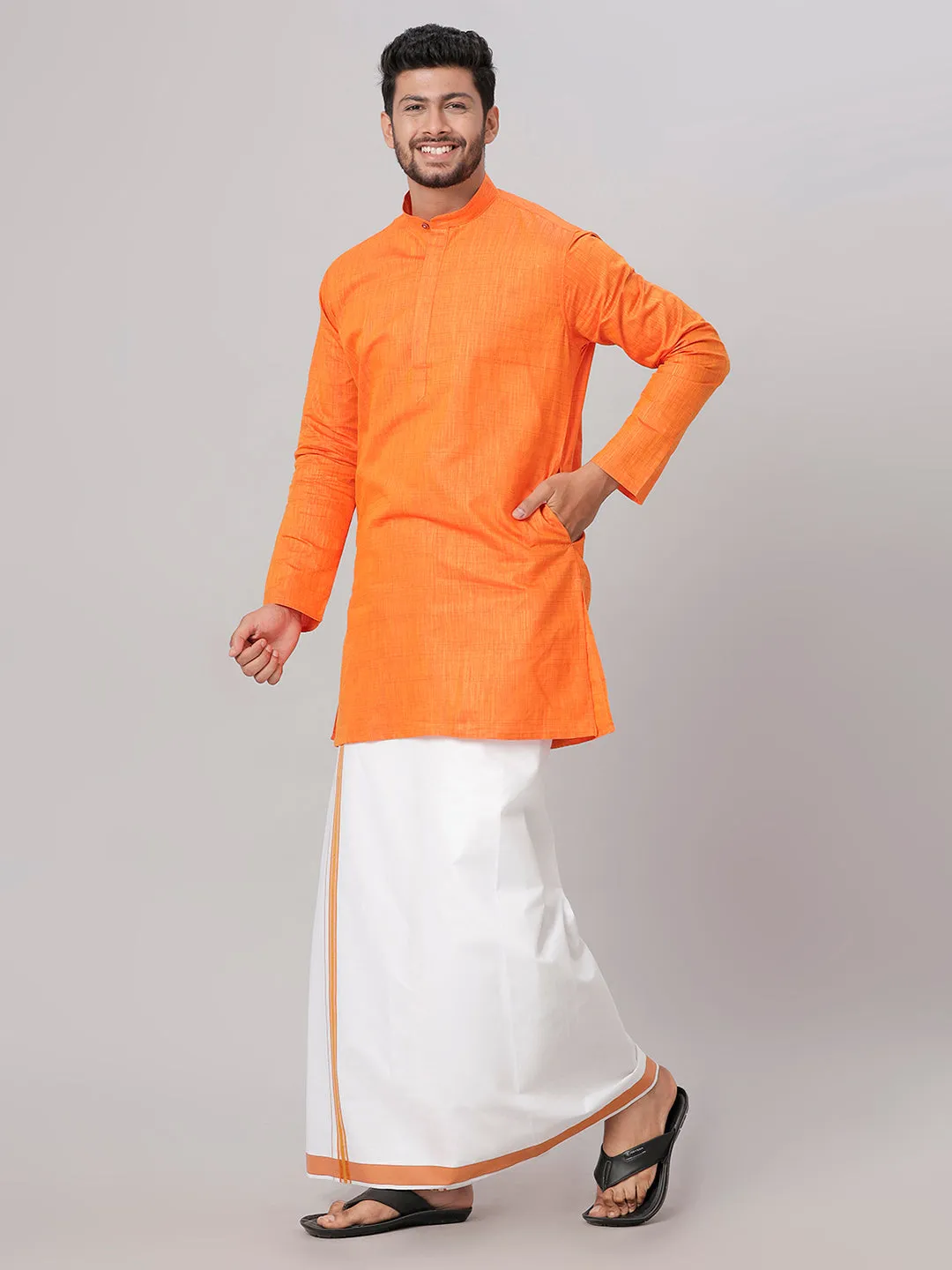 Mens Cotton Orange Medium Length Matching Kurta with Dhoti Combo FS3