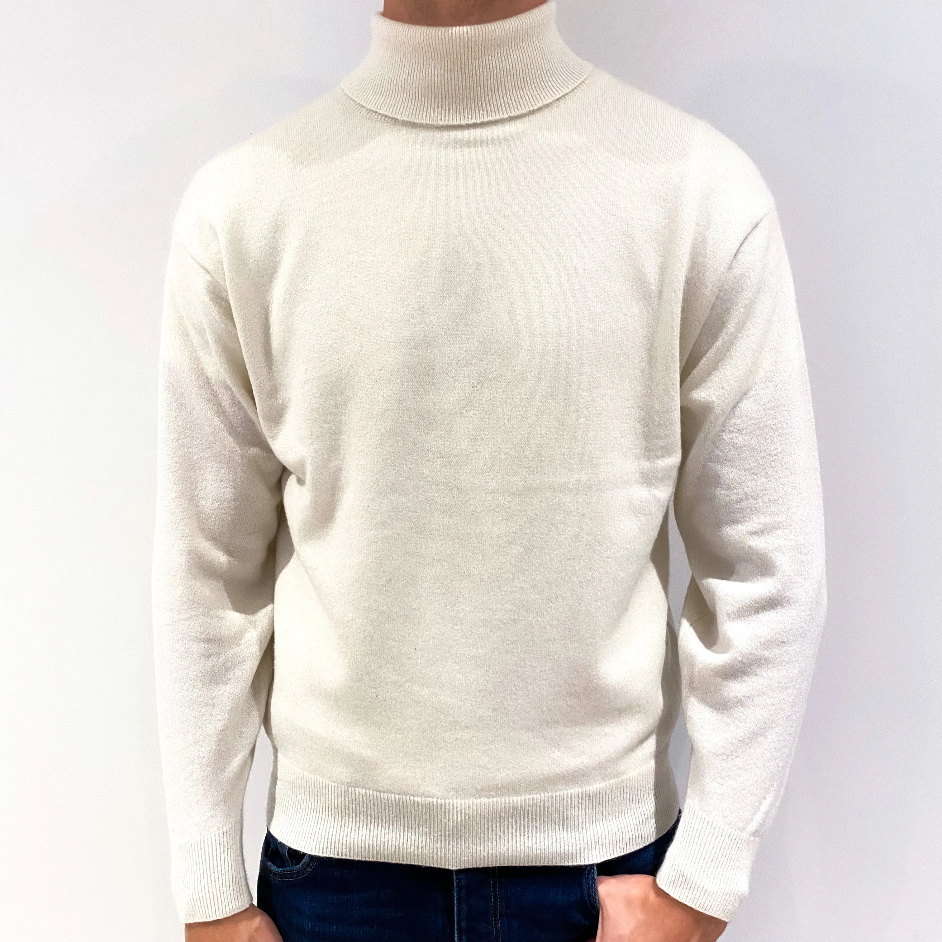 Men's Cream Cashmere Polo Neck Jumper Extra Large