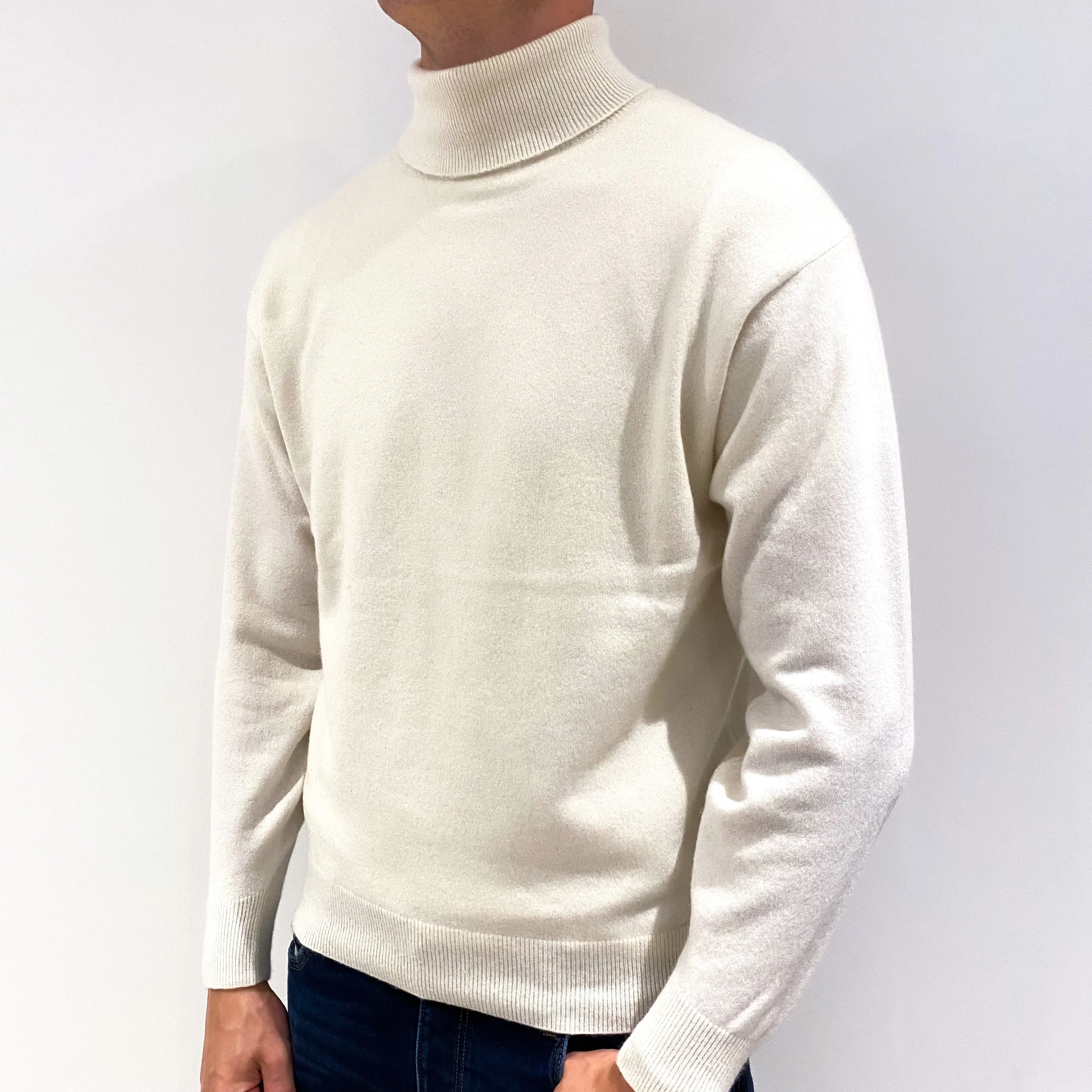 Men's Cream Cashmere Polo Neck Jumper Extra Large