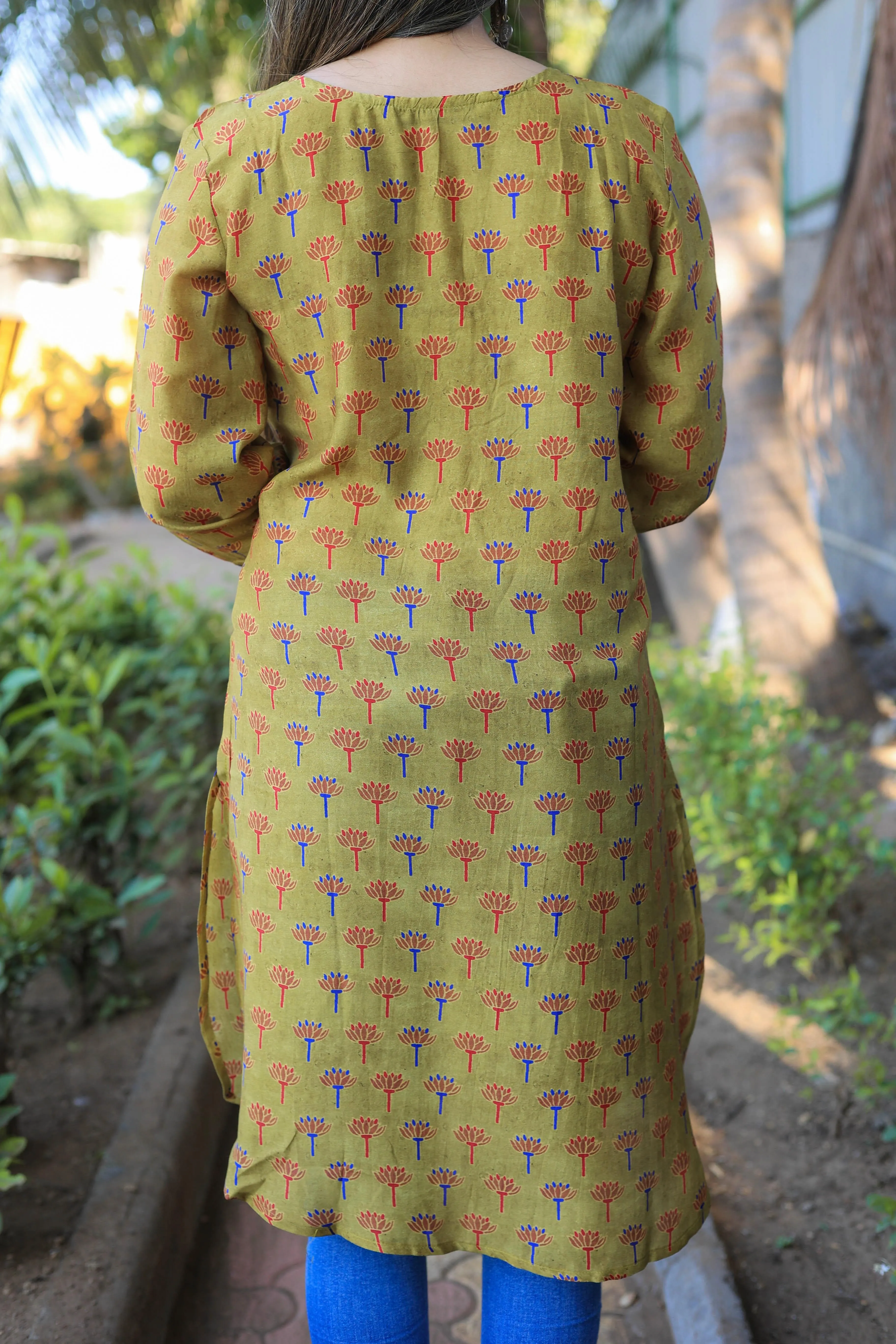 Olive green muslin Floral print Tunic cum Short Kurta