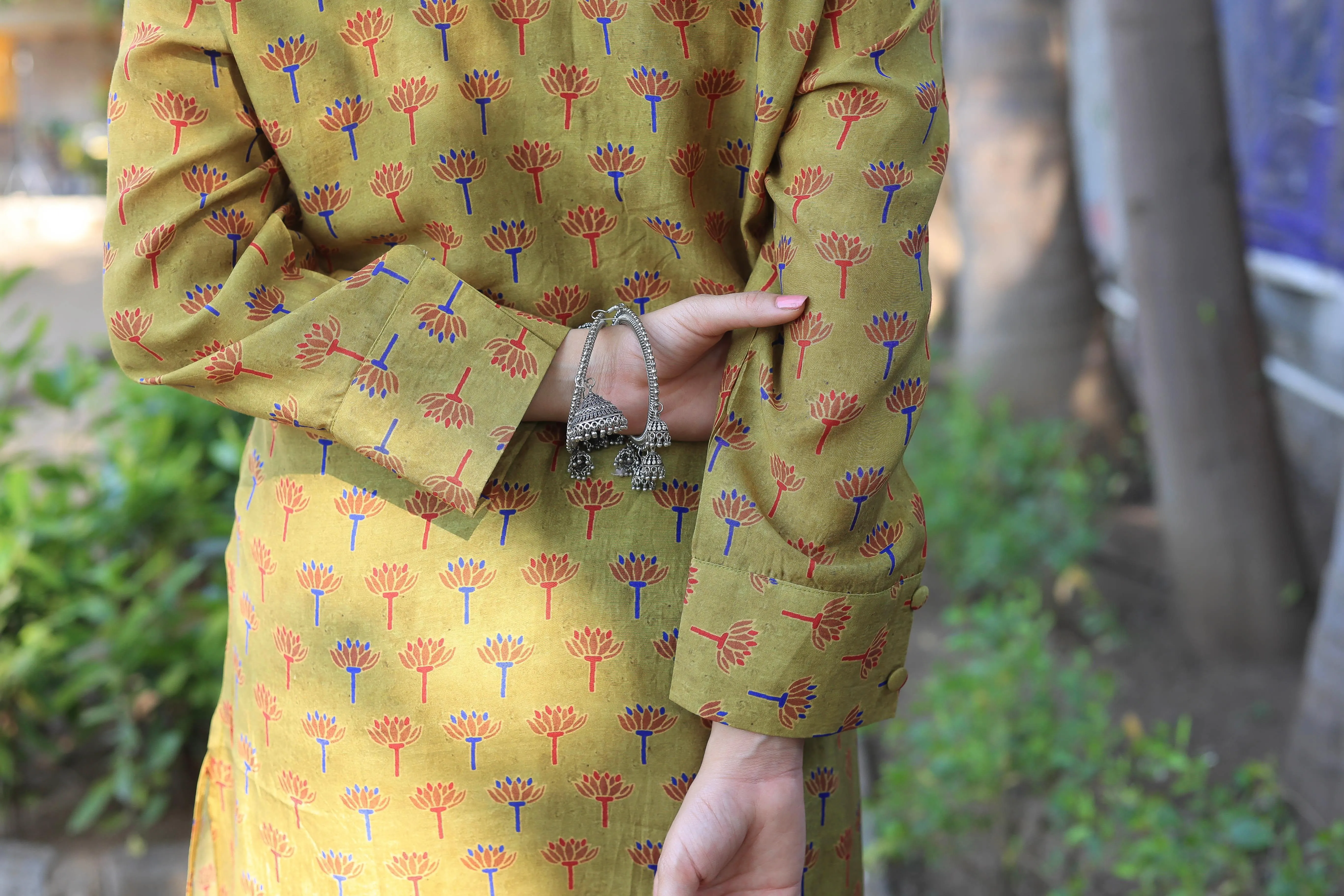 Olive green muslin Floral print Tunic cum Short Kurta