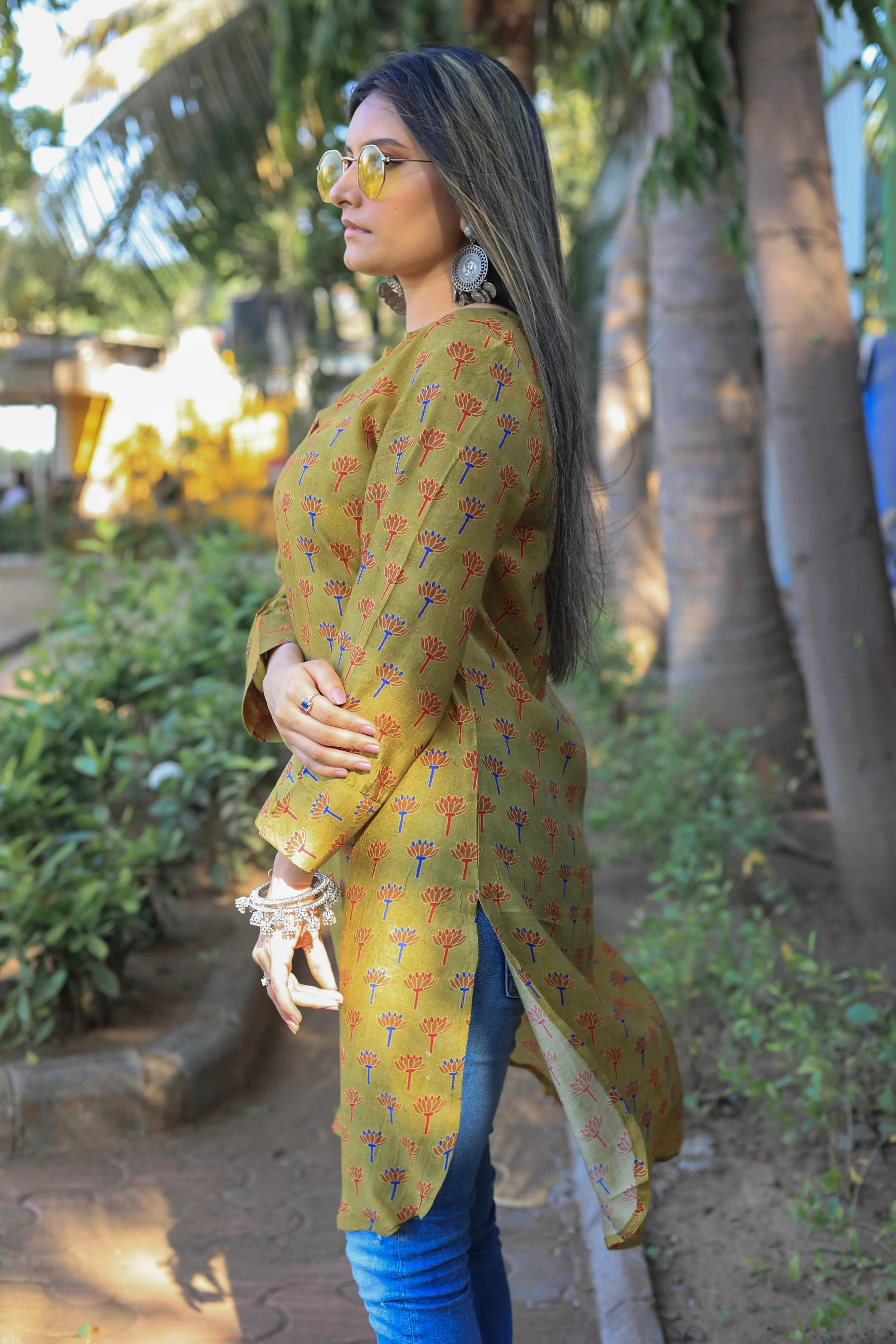 Olive green muslin Floral print Tunic cum Short Kurta