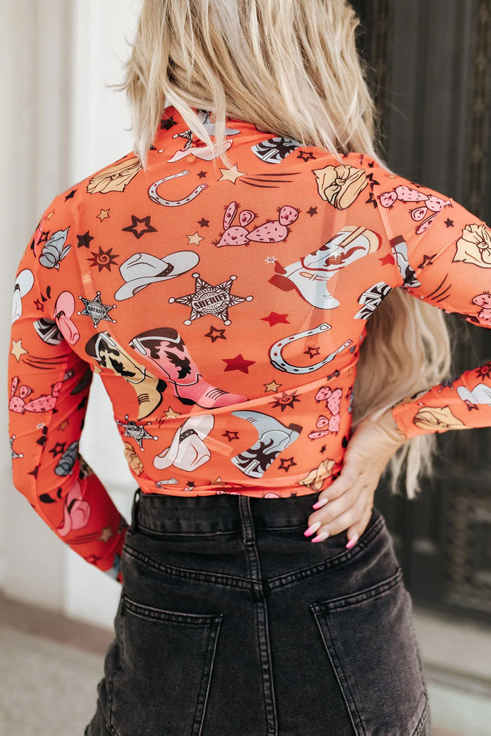 Printed Mock Neck Long Sleeve Bodysuit, Western Style
