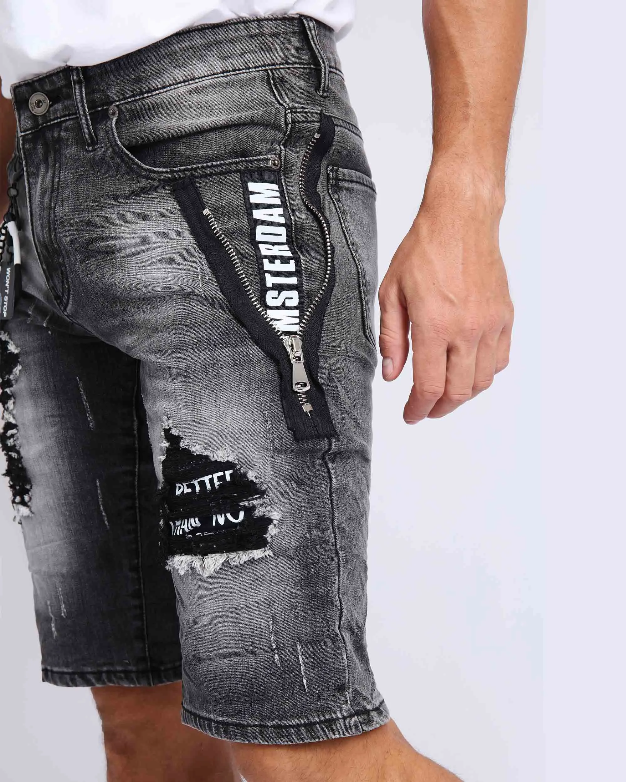 Printed Webbing Patch Black Ripped Denim Shorts-Mexico Local Delivery