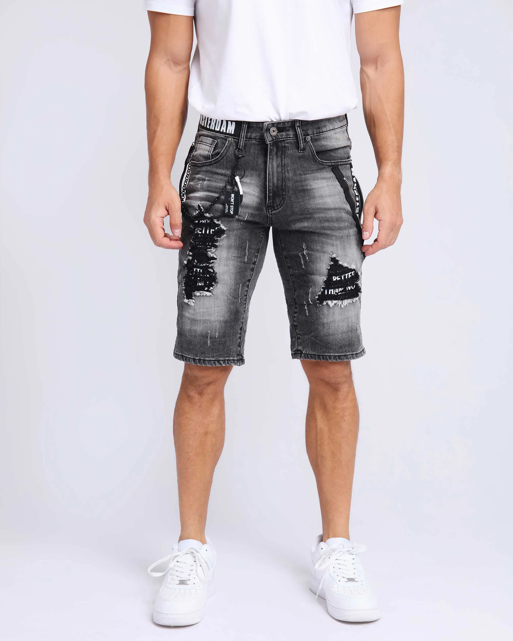 Printed Webbing Patch Black Ripped Denim Shorts-Mexico Local Delivery
