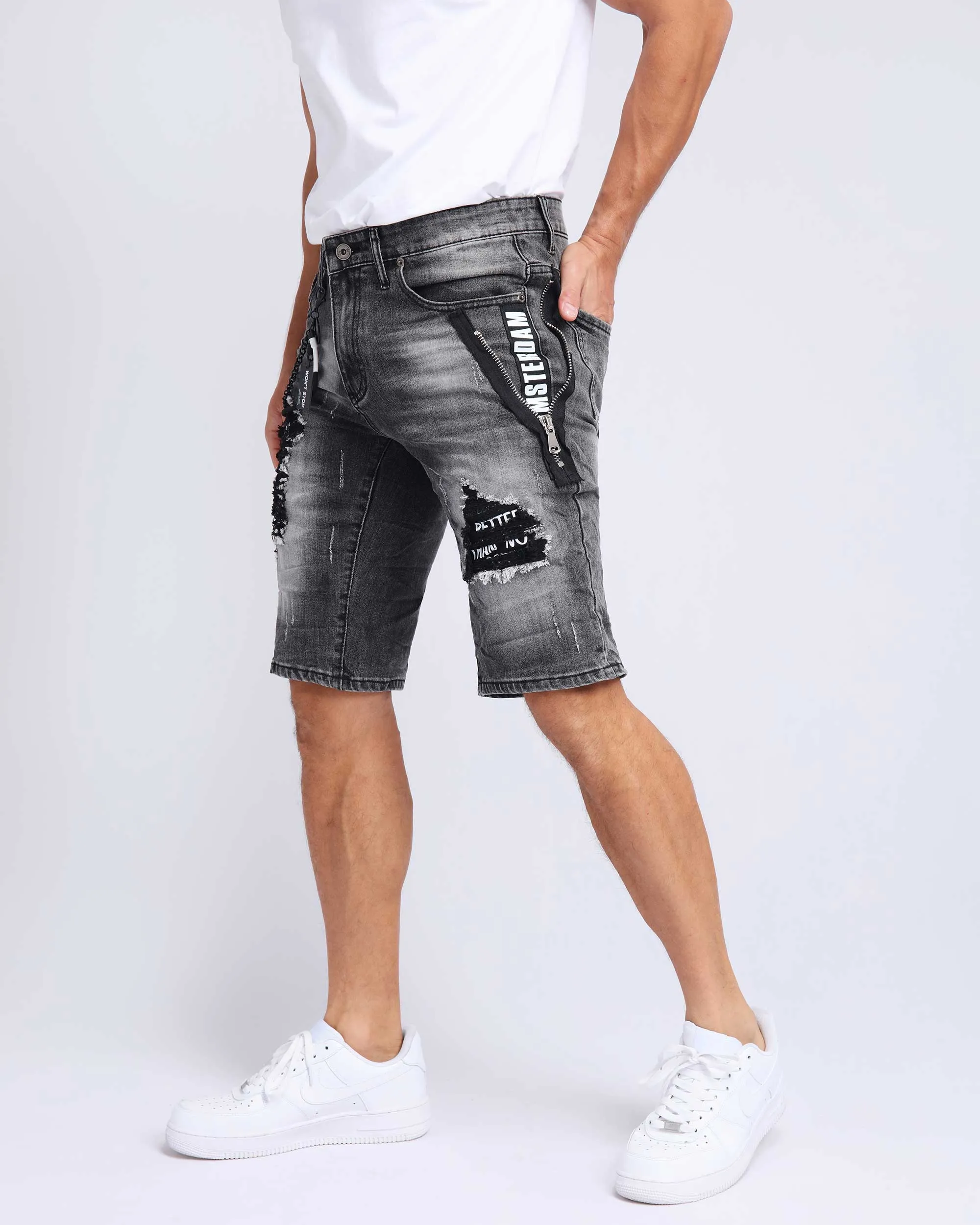 Printed Webbing Patch Black Ripped Denim Shorts-Mexico Local Delivery