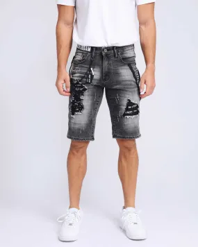 Printed Webbing Patch Black Ripped Denim Shorts-Mexico Local Delivery