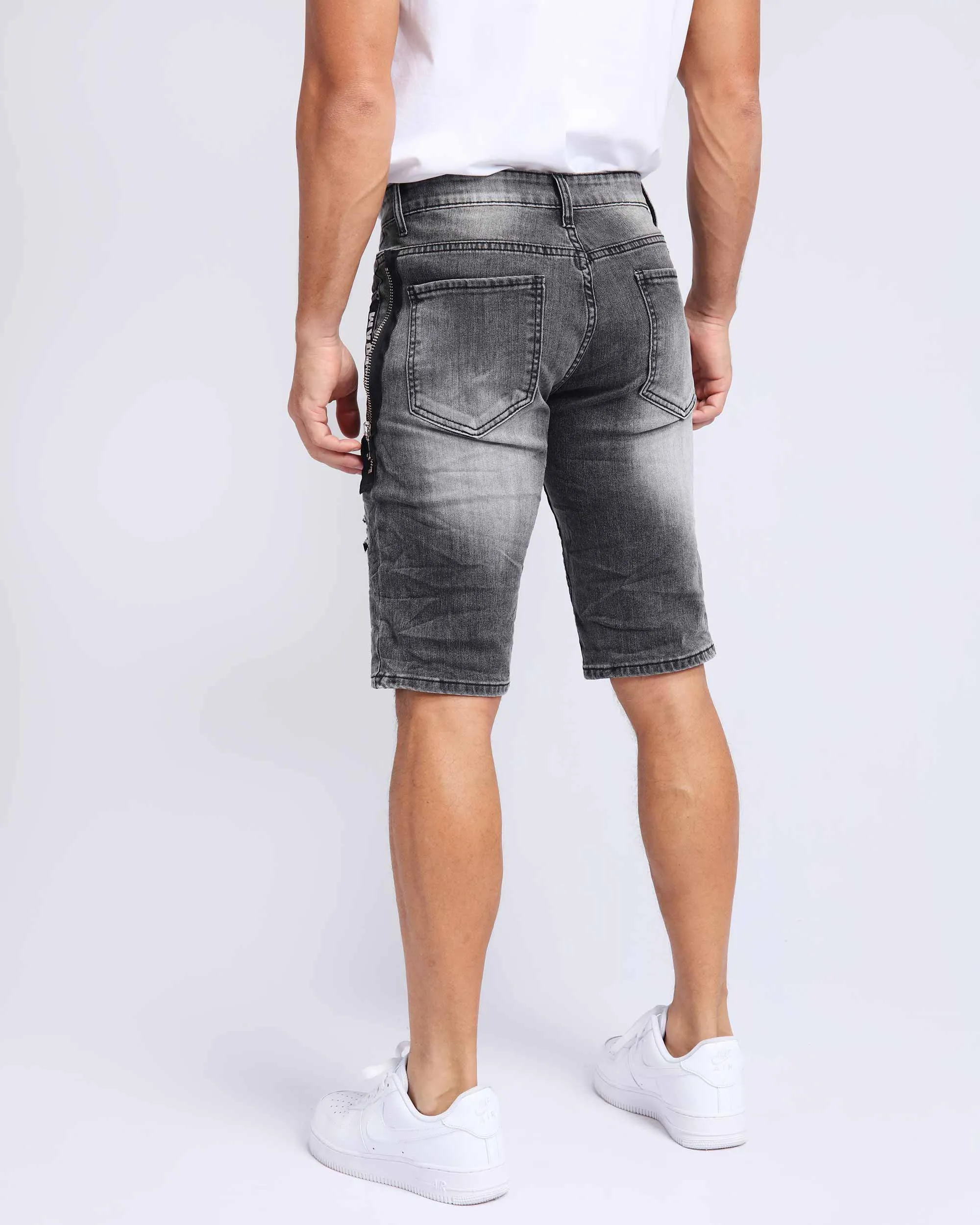 Printed Webbing Patch Black Ripped Denim Shorts-Mexico Local Delivery