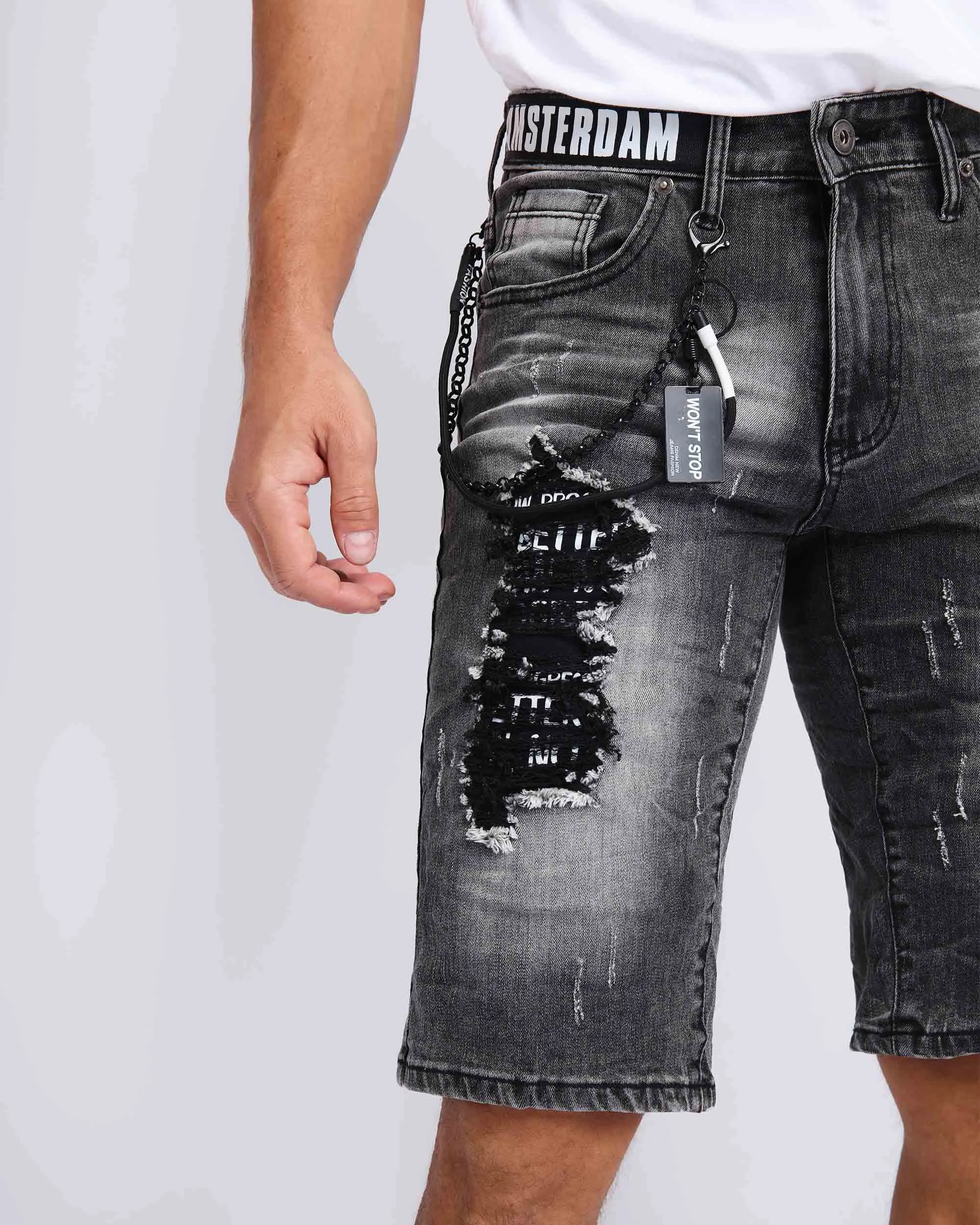 Printed Webbing Patch Black Ripped Denim Shorts-Mexico Local Delivery