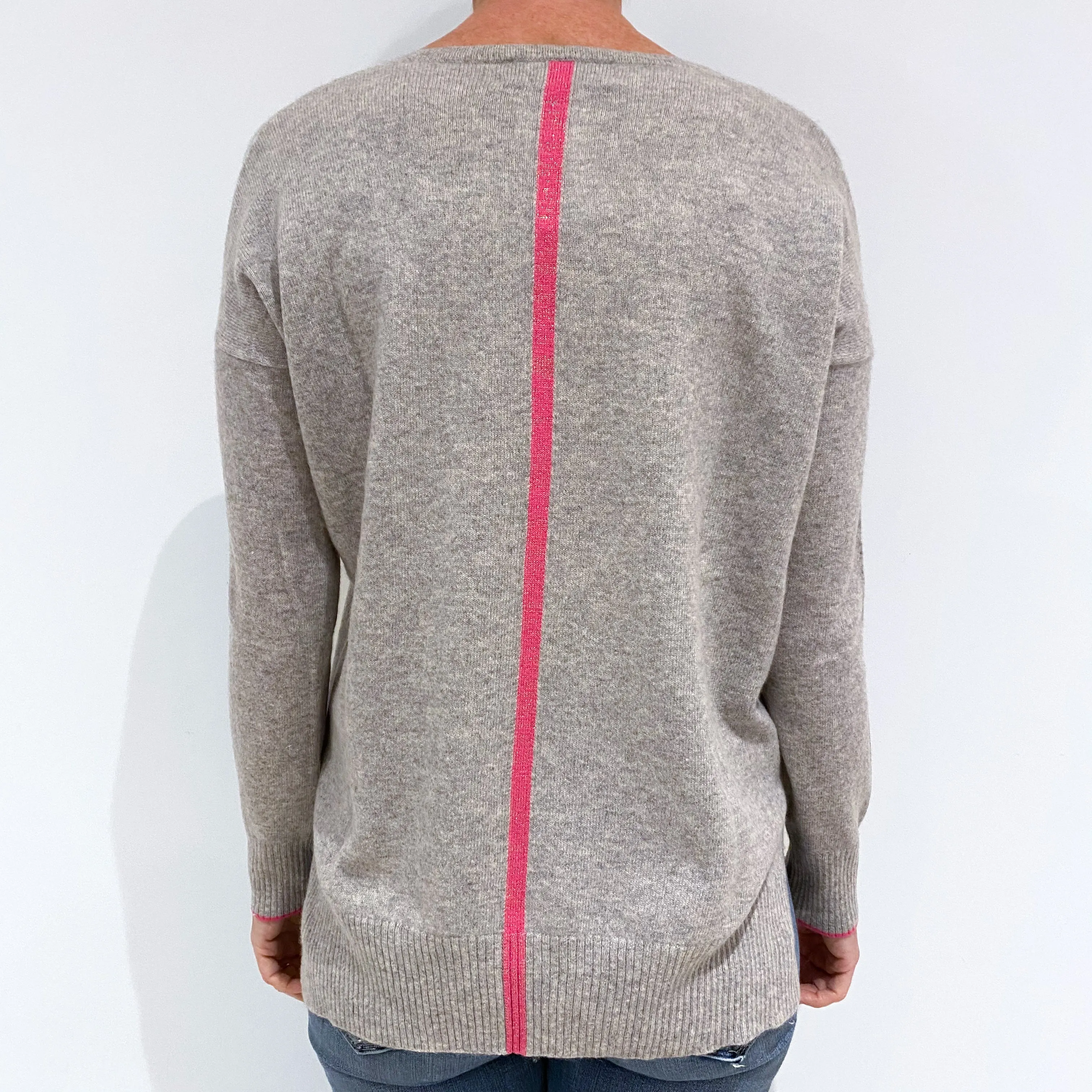 Smoke Grey Pink Stripe Slouchy Cashmere V-Neck Jumper Small