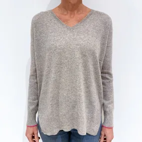 Smoke Grey Pink Stripe Slouchy Cashmere V-Neck Jumper Small